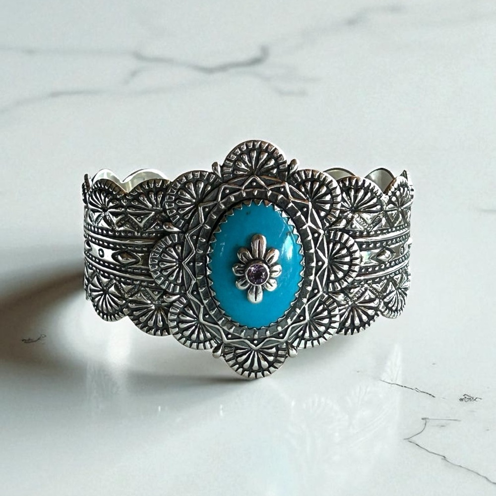 Carolyn Pollack 925 Sterling Silver Turquoise & Amethyst Ornate Cuff Bracelet 7”